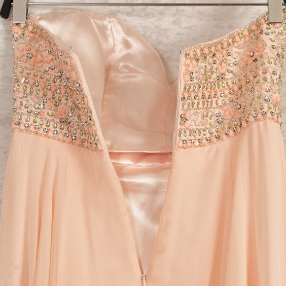 Jovani Peach Beaded Strapless Full Chiffon Flowy Maxi Dress Size 2 - Picture 5 of 12